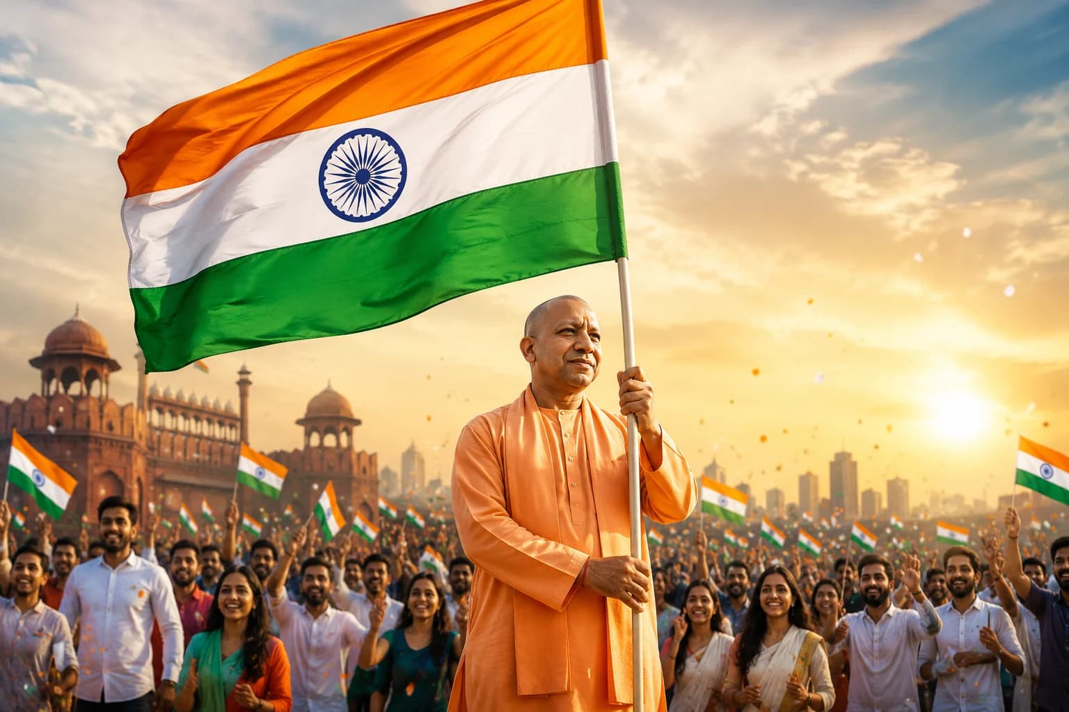 Yogi Adityanath holding the Tiranga before a flag-waving crowd and a Red Fort-style skyline
