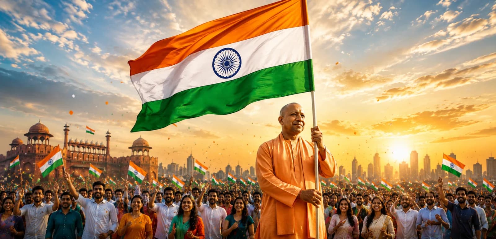 मुख्यमंत्री योगी आदित्यनाथ तिरंगा थामे, पीछे तिरंगे लहराते नागरिक